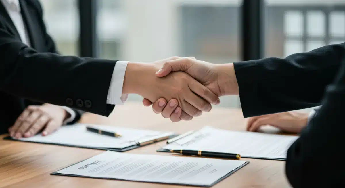 Manos estrechándose sobre documentos legales, simbolizando un acuerdo en la reforma laboral.