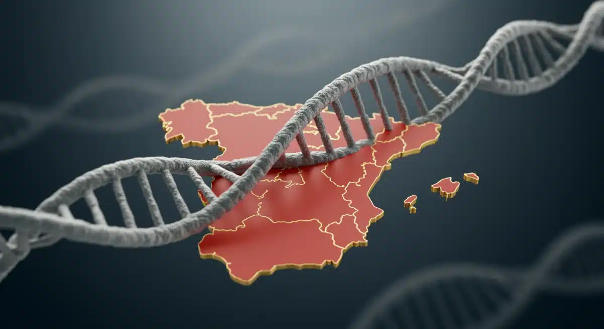 Modelo de ADN y mapa de España, representando la integración de la biotecnología en el sector farmacéutico español.