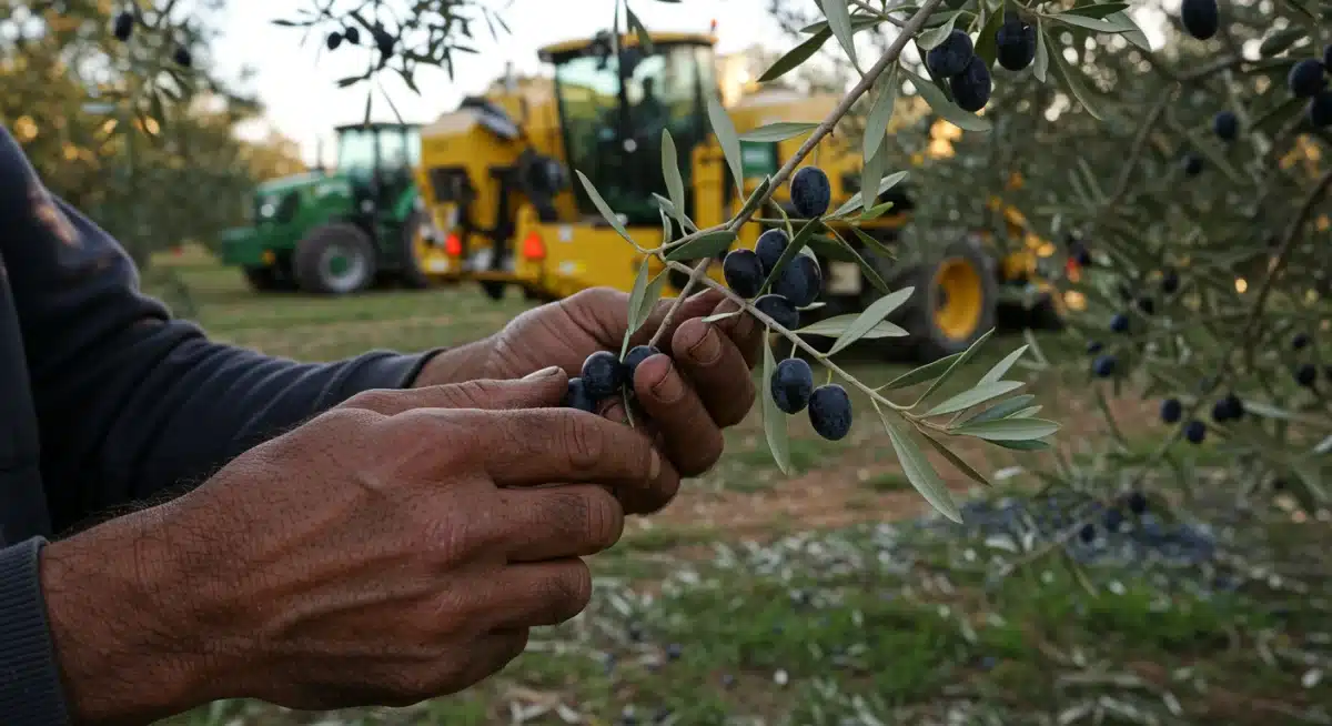 Manos de agricultor español revisando olivos con maquinaria moderna al fondo.