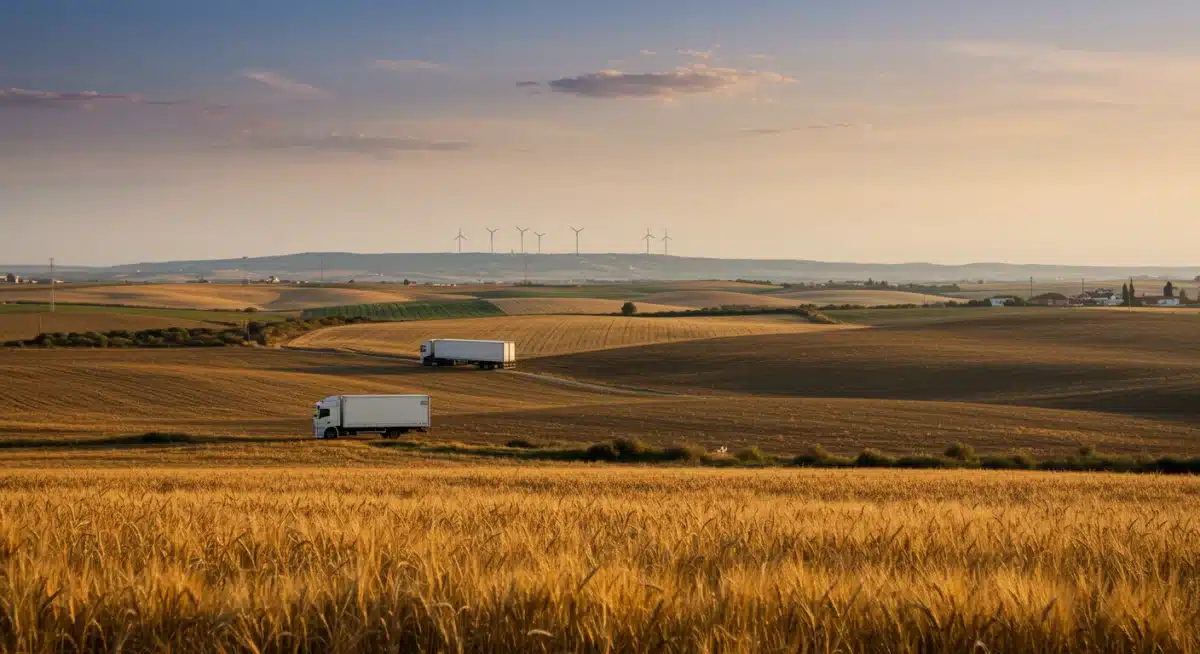 Campos agrícolas españoles listos para la exportación, simbolizando la producción y el comercio.
