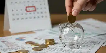 Mano insertando una moneda en una hucha de cristal con documentos financieros españoles y un calendario de 2025 de fondo, simbolizando el ahorro y la inversión en depósitos.
