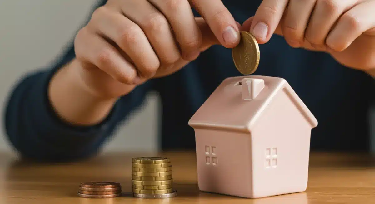 Mano depositando monedas de euro en una hucha con forma de casa, simbolizando el ahorro para el futuro.