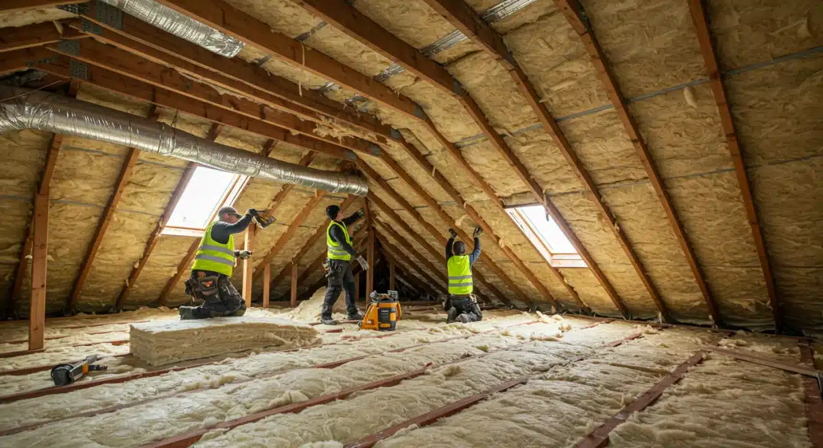 Instalación de aislamiento térmico avanzado en el ático de una vivienda para mejorar la eficiencia.
