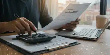 Mujer analizando documentos de microcréditos con calculadora, simbolizando la toma de decisiones financieras en España.