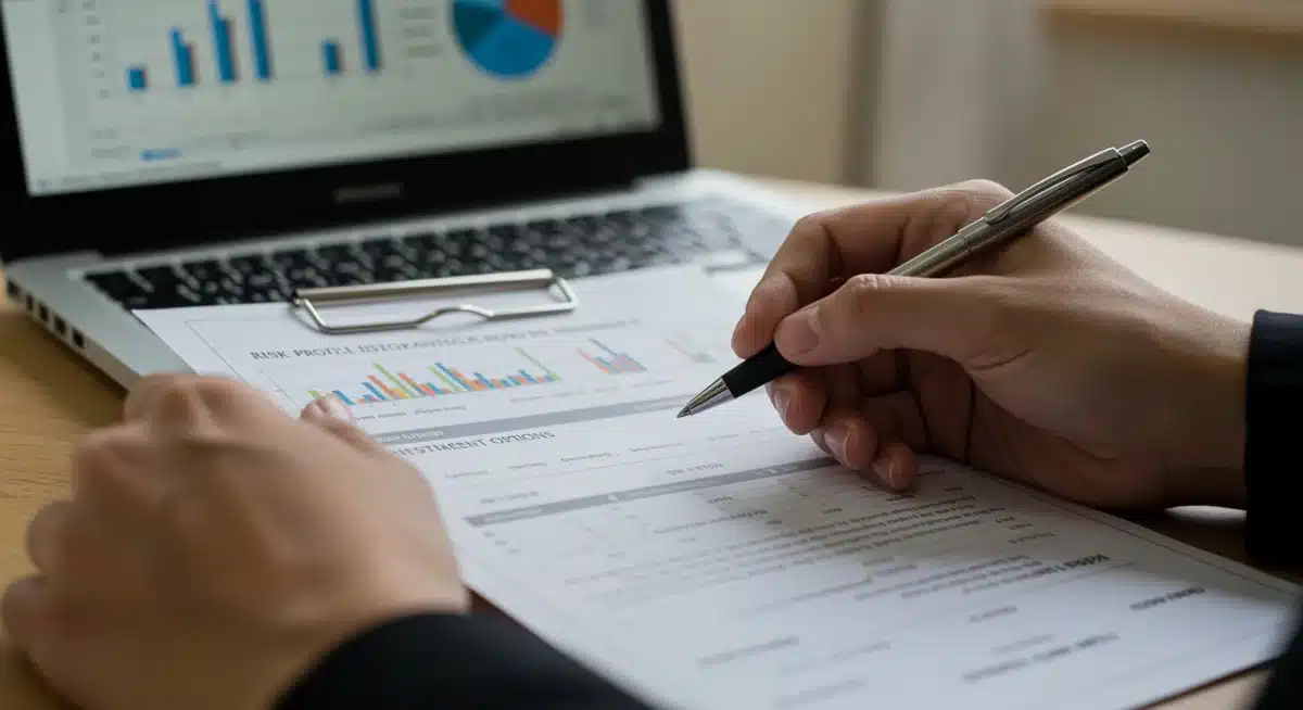 Manos analizando un documento de perfil de riesgo para seguros de vida y ahorro.