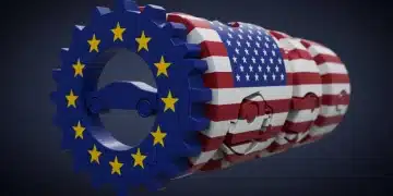 Banderas de la UE y EE. UU. con engranajes automotrices, representando el futuro de los aranceles comerciales y su impacto económico.