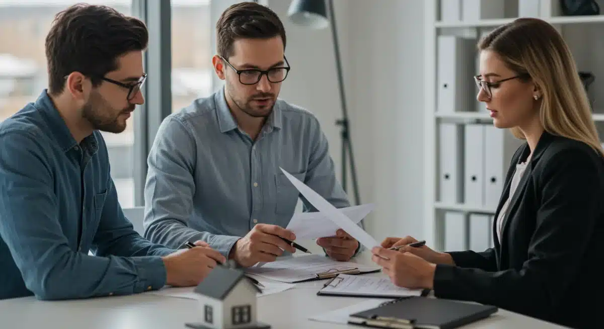 Pareja consultando con un asesor financiero sobre la renegociación de su hipoteca.