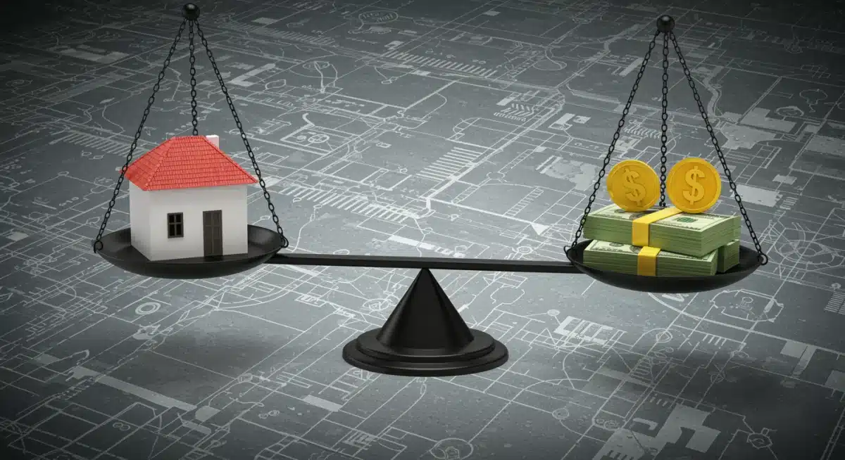 Balanza de justicia con una casa y dinero, simbolizando el equilibrio económico y regulatorio en el mercado de la vivienda.