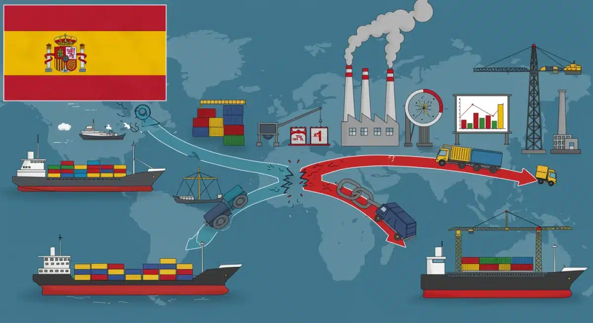 Representación visual de cadenas de suministro europeas, con énfasis en la interconexión entre España y Alemania y posibles rupturas.