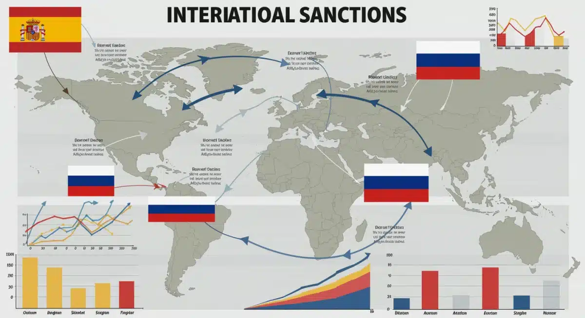 Infografía de cadenas de suministro globales y datos económicos afectados por las sanciones internacionales.