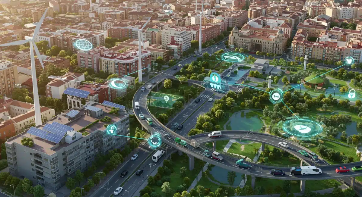 Ilustración de una ciudad inteligente en España con energía renovable y transporte sostenible, simbolizando la sostenibilidad y la tecnología.