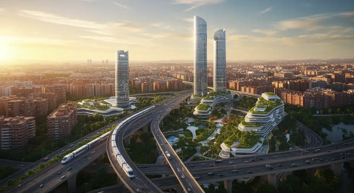 Paisaje urbano sostenible con edificios modernos y zonas verdes, simbolizando la transición ecológica en España.
