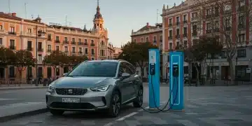 Coche eléctrico cargando en una estación futurista en España, simbolizando la electrificación automotriz.
