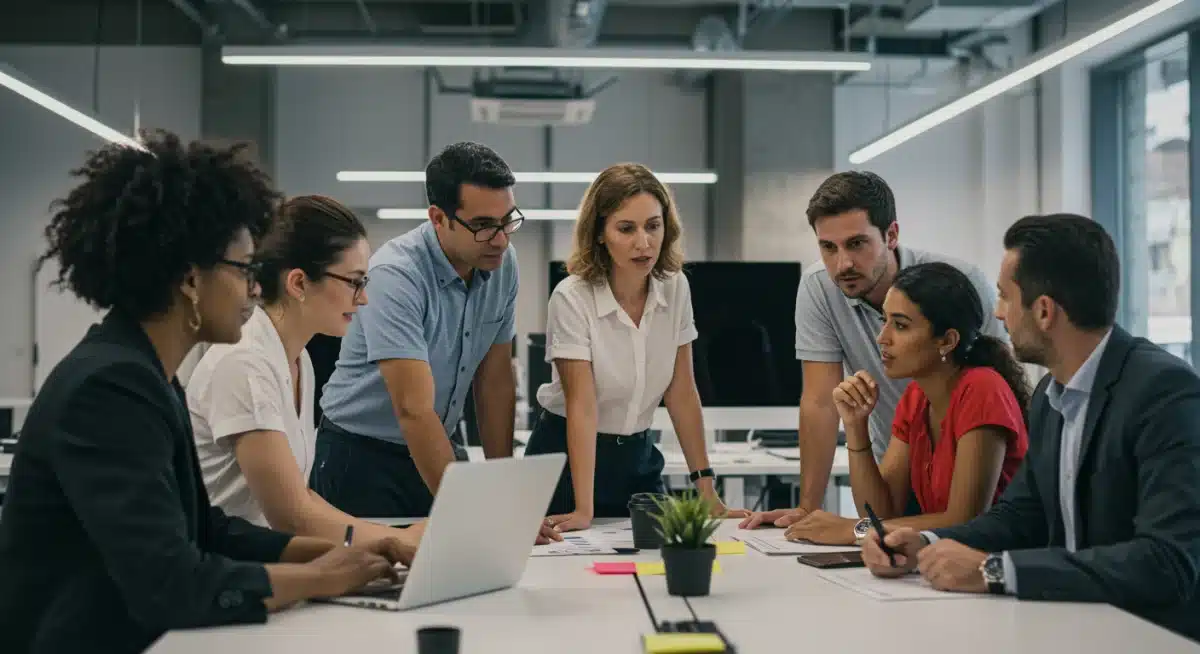 Profesionales diversos colaborando en una oficina moderna, simbolizando la colaboración empresarial internacional y la innovación en España.