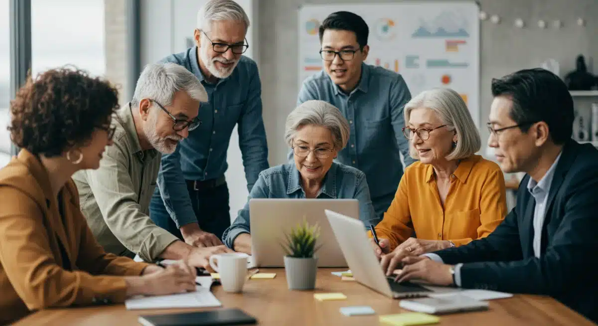 Personas de distintas edades colaborando en un entorno de trabajo moderno, representando soluciones para el mercado laboral ante el envejecimiento demográfico.