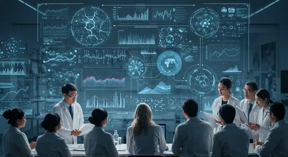Investigadores colaborando en desarrollo de fármacos biotecnológicos, destacando la cooperación internacional.