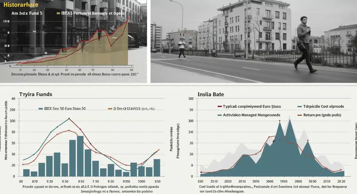 Gráfico comparativo de rendimientos históricos entre fondos indexados y fondos de gestión activa en España.