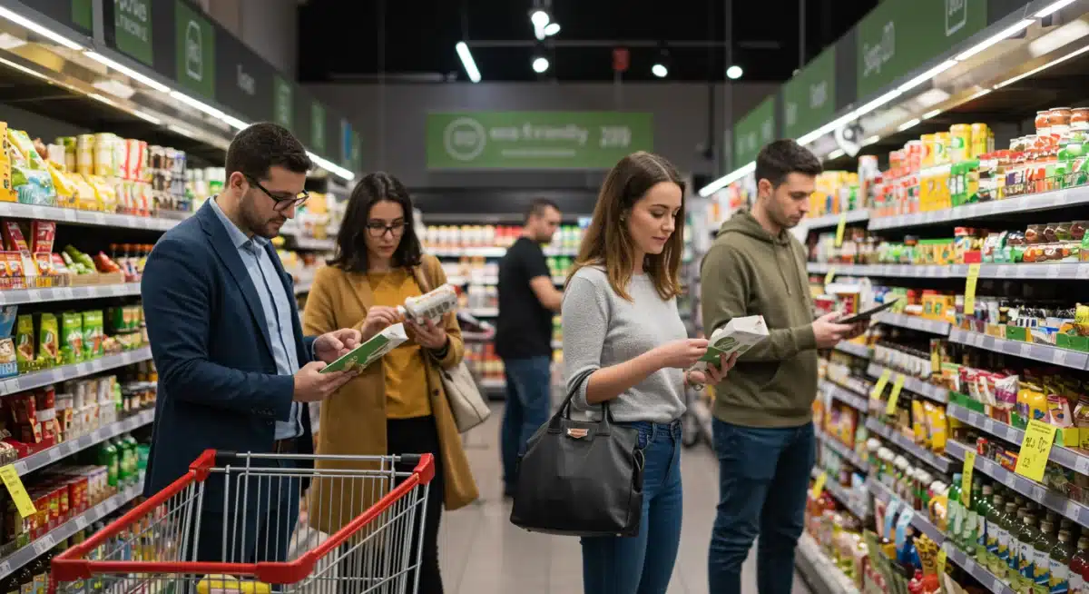 Consumidores en un supermercado evaluando productos sostenibles y sus precios debido a los impuestos verdes.