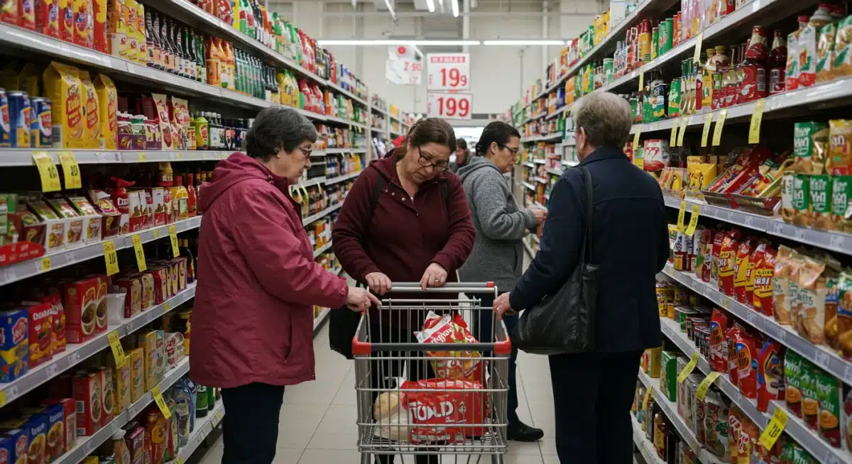 Consumidores españoles examinando los precios en un supermercado, reflejando el impacto de la inflación en el poder adquisitivo y las decisiones de compra diarias.