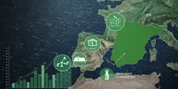 Gráfico de crecimiento económico en España con elementos de digitalización y energía verde, representando el plan de recuperación.