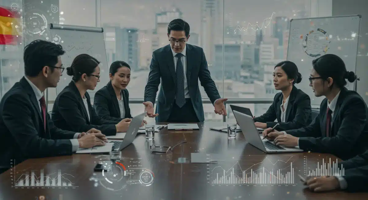 Representación de una cumbre empresarial internacional con delegados de España, Iberoamérica y Asia discutiendo acuerdos comerciales.