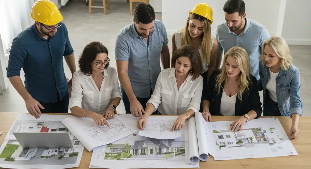 Diversas personas examinando planos de viviendas, representando la demanda de compradores e inversores en el mercado inmobiliario español.