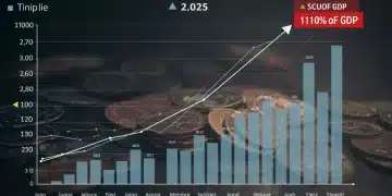 Deuda Pública Española 2025: ¿Sostenible con el 110% del PIB? Gráfico visualizando la deuda pública española en relación con el PIB para 2025, con cifras y proyecciones económicas.