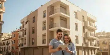 Fachada de un moderno edificio de apartamentos en una ciudad española, con una pareja joven mirando una tableta, simbolizando la compra de su primera vivienda.