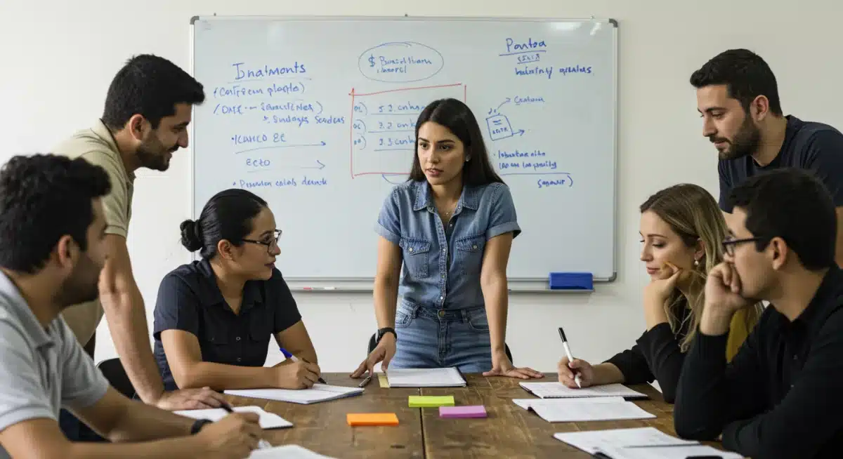 Grupo de personas participando en un taller de educación financiera, discutiendo presupuestos y estrategias de inversión.