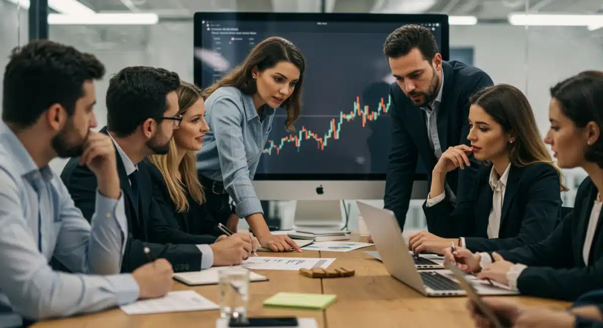 Ejecutivos tecnológicos españoles analizando datos de mercado y estrategias ante las fluctuaciones del yen.