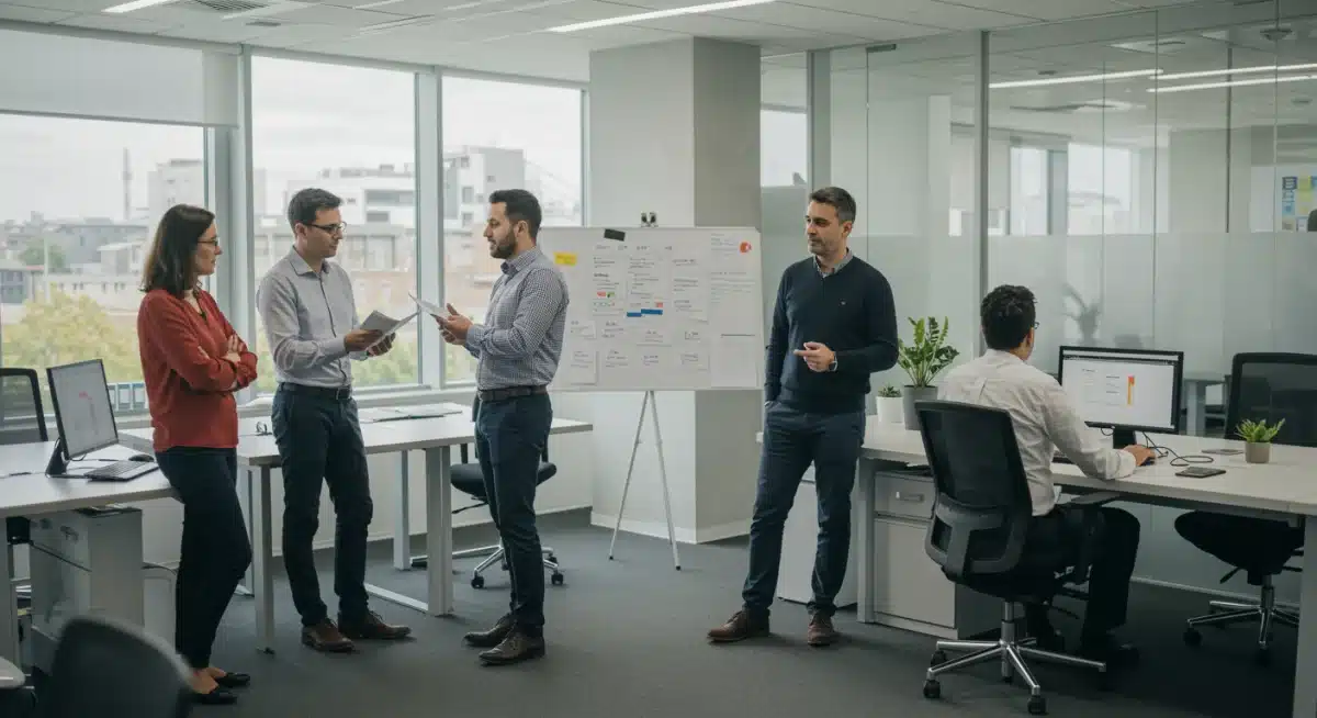 Profesionales españoles colaborando en un entorno de oficina moderno y sostenible, representando el empleo y la innovación.