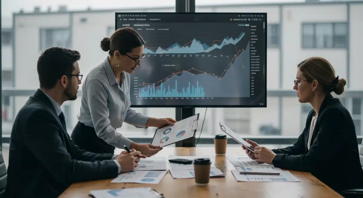 Empresarios analizando informes financieros y gráficos económicos