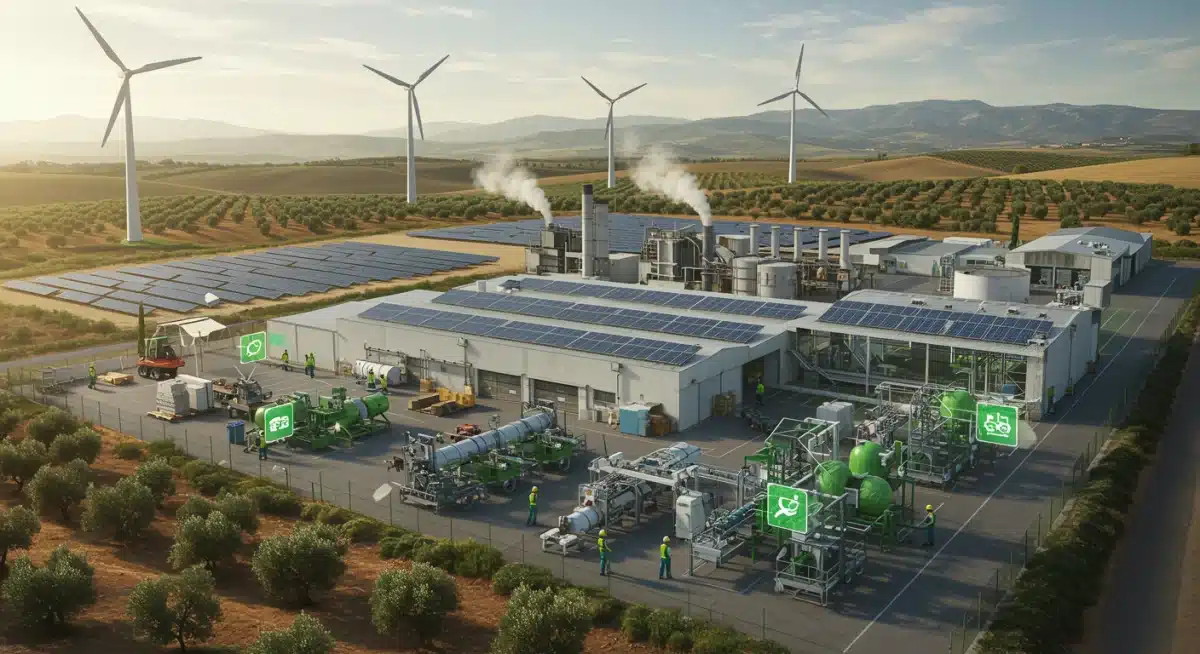 Energías renovables y prácticas sostenibles en un entorno industrial español, simbolizando la transición ecológica.