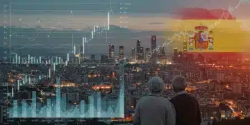 Pareja mayor observando el horizonte urbano, con gráficos económicos superpuestos, representando el impacto del envejecimiento demográfico en la economía española.