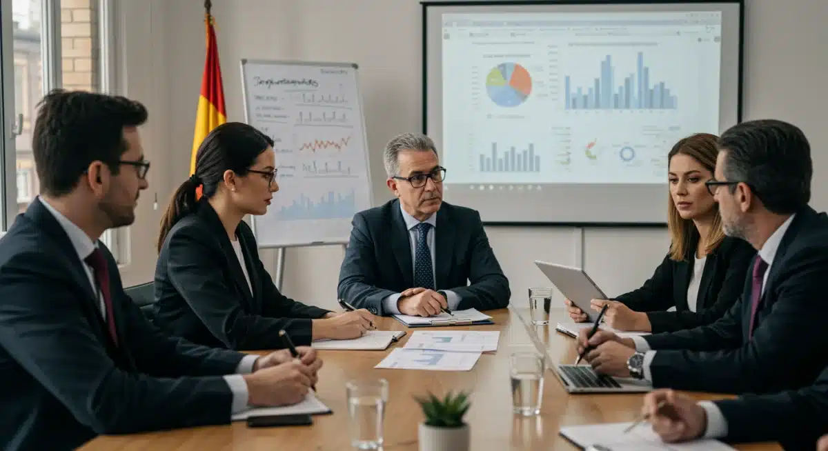 Empresarios españoles en una sala de reuniones analizando datos económicos y planificando estrategias ante la desaceleración alemana.