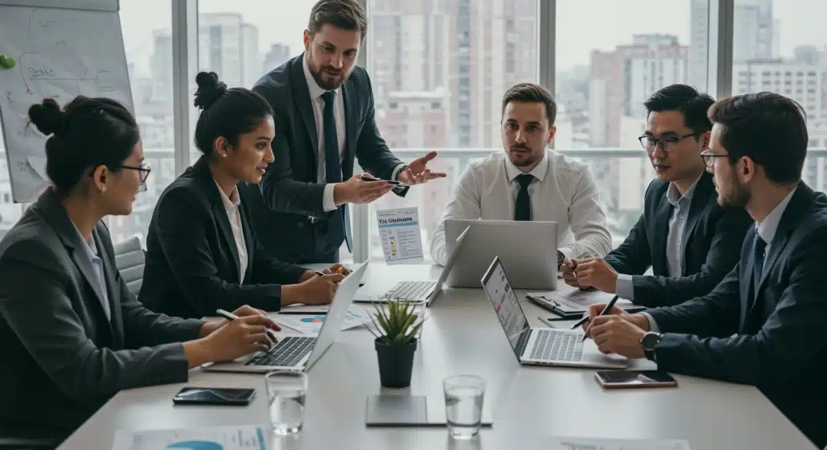Equipo de profesionales de negocios analizando estrategias fiscales en una reunión.