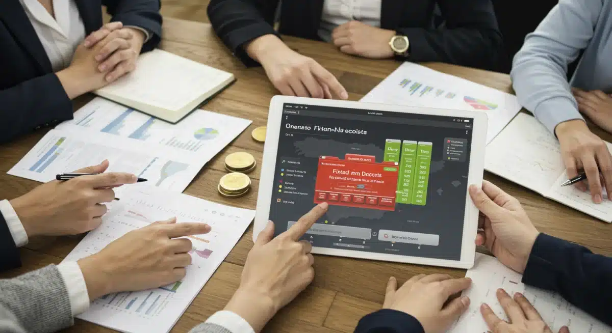 Grupo de personas de diversas edades y perfiles financieros debatiendo estrategias de inversión, observando productos como depósitos a plazo fijo en una tableta con un mapa de España.