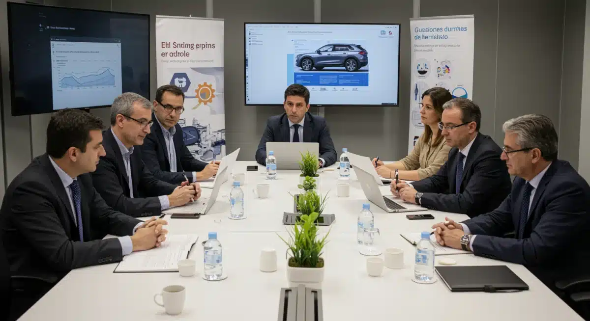 Profesionales discutiendo estrategias de movilidad sostenible en España, planificación del futuro automotriz.