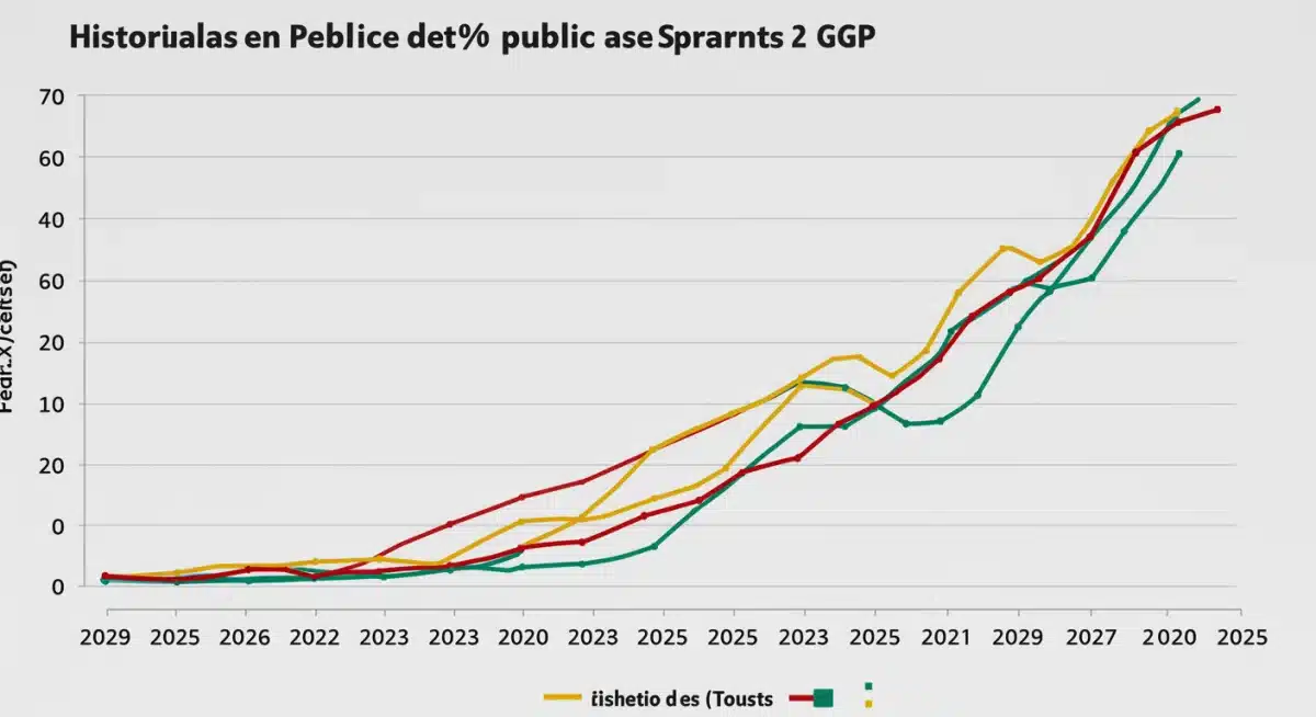 Gráfico histórico de la evolución de la deuda pública española como porcentaje del PIB.