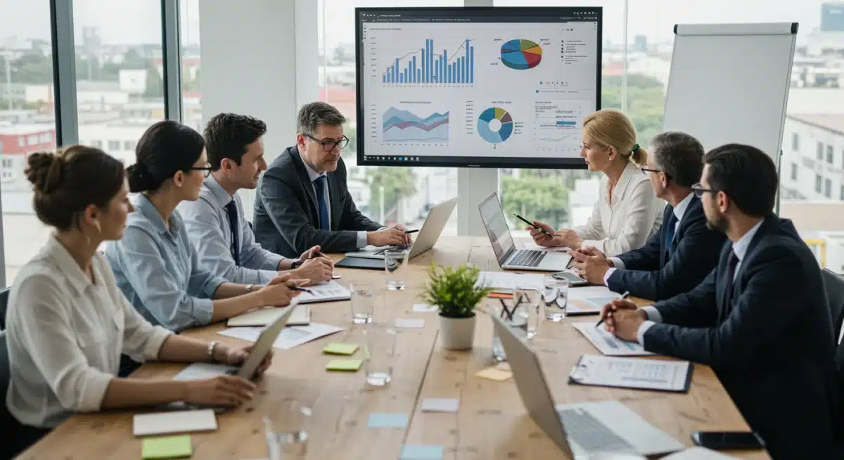 Panel de expertos economistas debatiendo proyecciones y datos económicos en una mesa de conferencias, analizando la política monetaria.