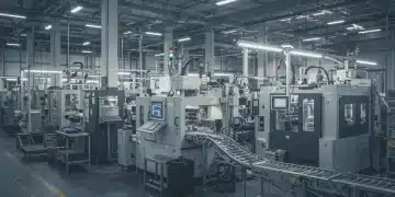 Fábrica moderna española con engranajes y gráficos económicos superpuestos, simbolizando el impacto de la desaceleración alemana.