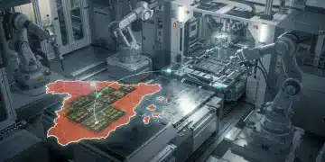 Fábrica de microchips avanzada con mapa de Taiwán y España, simbolizando la cadena de suministro tecnológica en 2025.