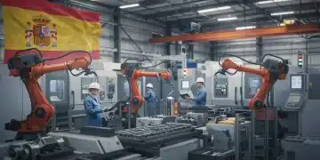 Fábrica moderna española con robótica avanzada y operarios, representando la estrategia industrial 2025.