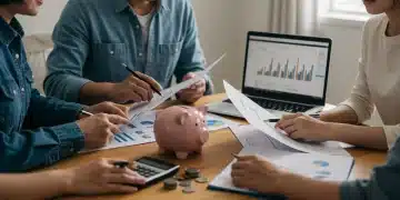 Familia optimizando presupuesto en 2025 con documentos y herramientas financieras