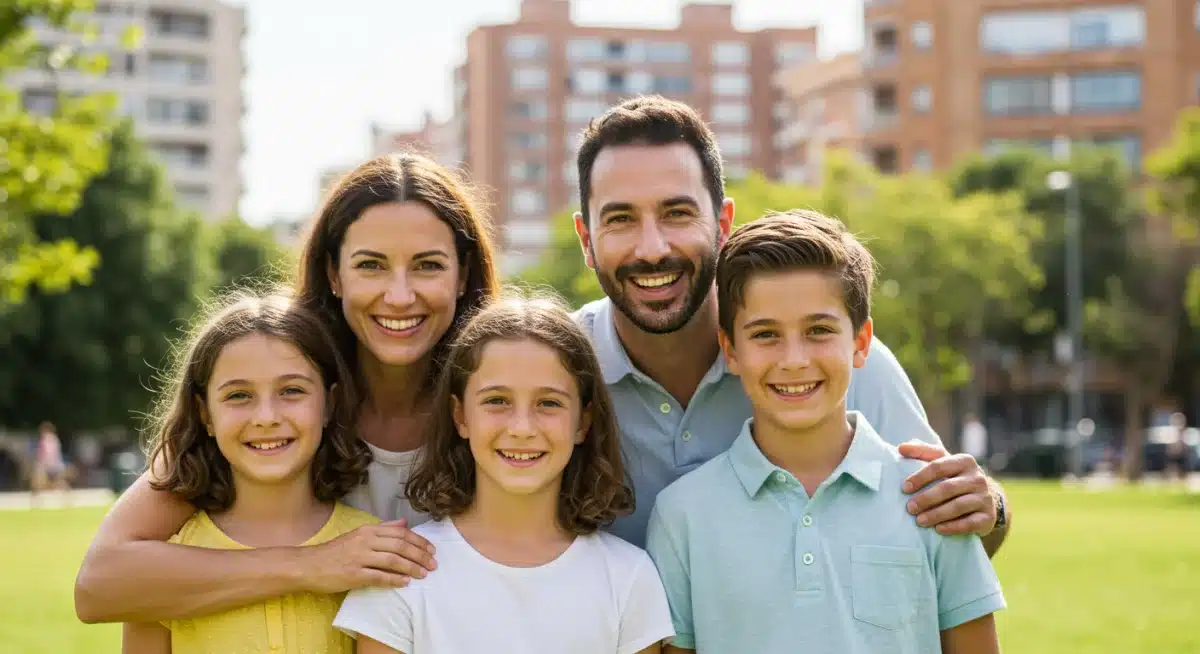 Familia feliz en un parque español, simbolizando la seguridad financiera y el futuro protegido.