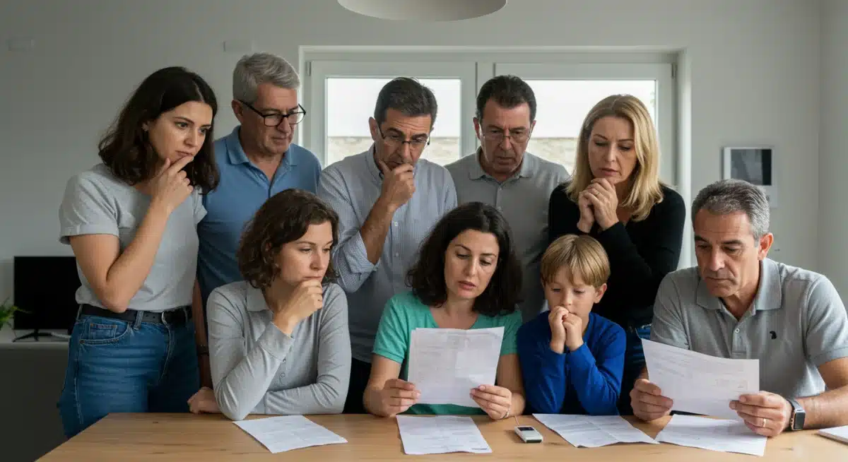 Familias españolas revisando sus facturas de luz y gas, mostrando preocupación y debate sobre los costes energéticos.