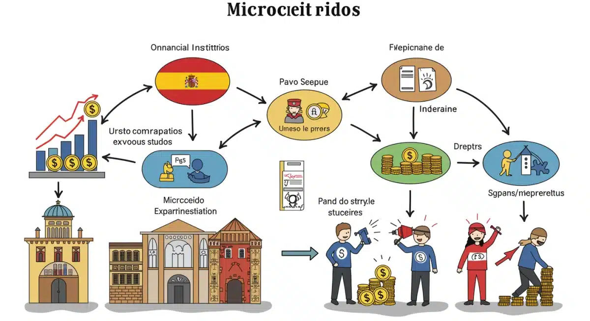 Infografía detallada del flujo de microcréditos y sus posibles resultados en el ámbito personal y empresarial.