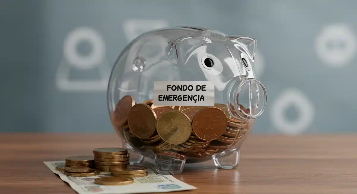 Hucha transparente llena de monedas y billetes, etiquetada como 'Fondo de Emergencia', representando la importancia del ahorro para imprevistos.