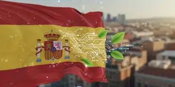 Bandera española fusionada con circuitos digitales y hojas verdes, representando los Fondos Next Generation EU y su impacto en la economía.