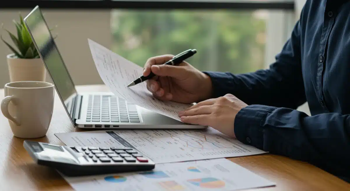 Persona gestionando finanzas personales en España con ordenador y calculadora, ilustrando estrategias de ahorro e inversión contra la inflación.